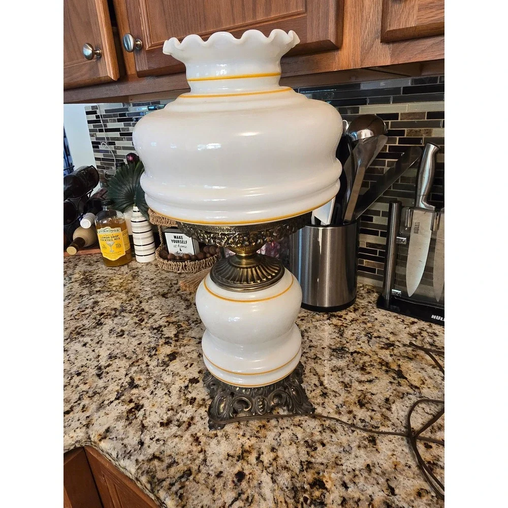 Vintage Hurricane Lamp Floral Milk Glass Gone With The Wind Style 3-Way Light